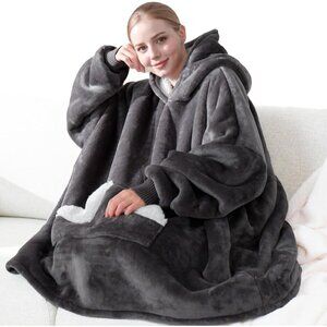 Women Oversized Sherpa Fleece Blanket Hoodie Warm Cozy Wearable Sweatshirt Grey